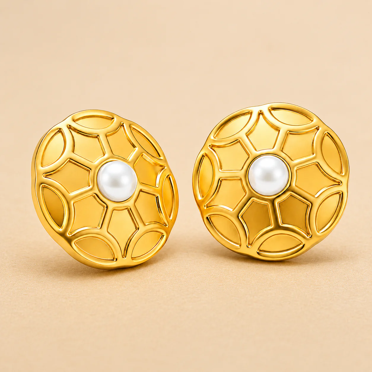 18K Gold Plated Royal Honeycomb Pearl Earrings