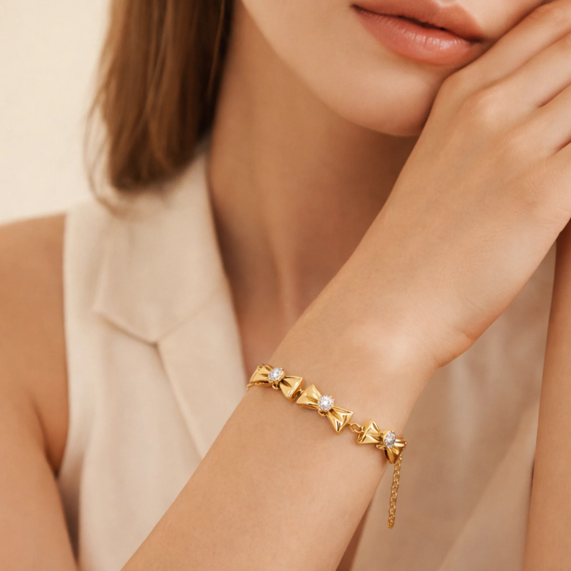 18K Gold Bow Crystal Adjustable Bracelet - Image 3