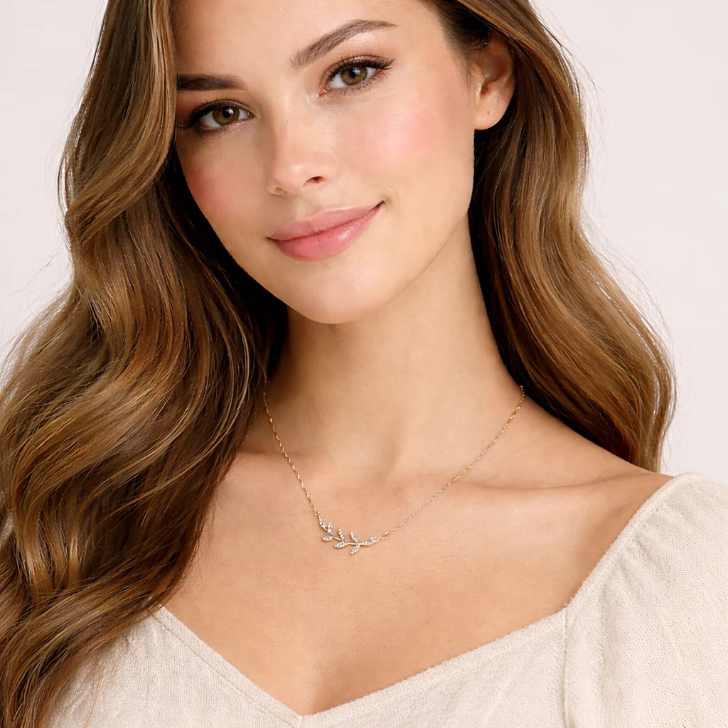 18k Gold Olive Leaf Design Charm Necklace - Image 2
