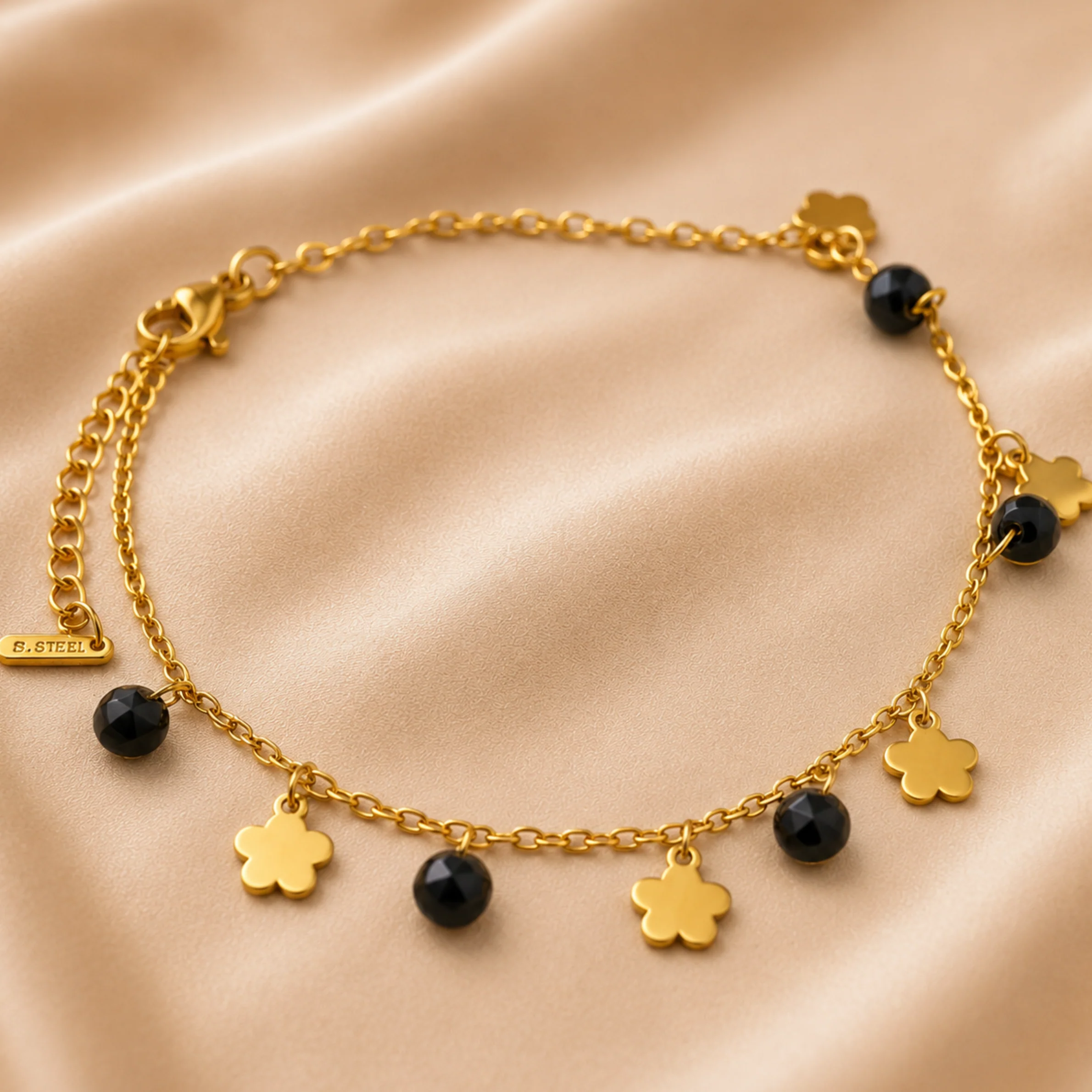 18K Gold Plated Black Stone & Flower Charm Bracelet - Image 2