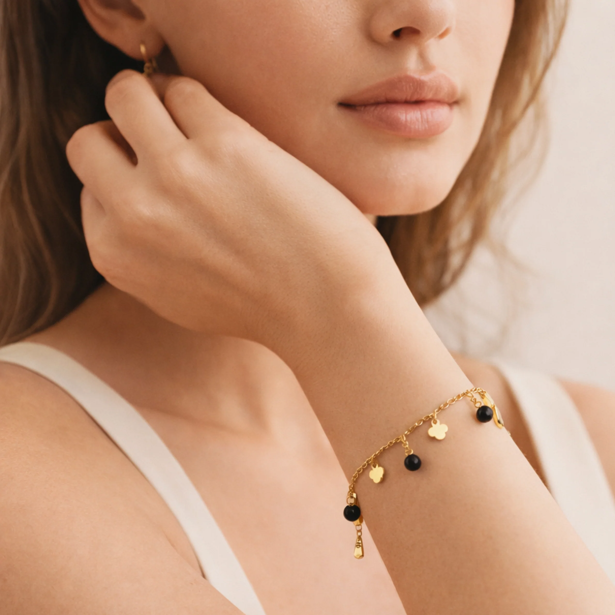 18K Gold Plated Black Stone & Flower Charm Bracelet - Image 3