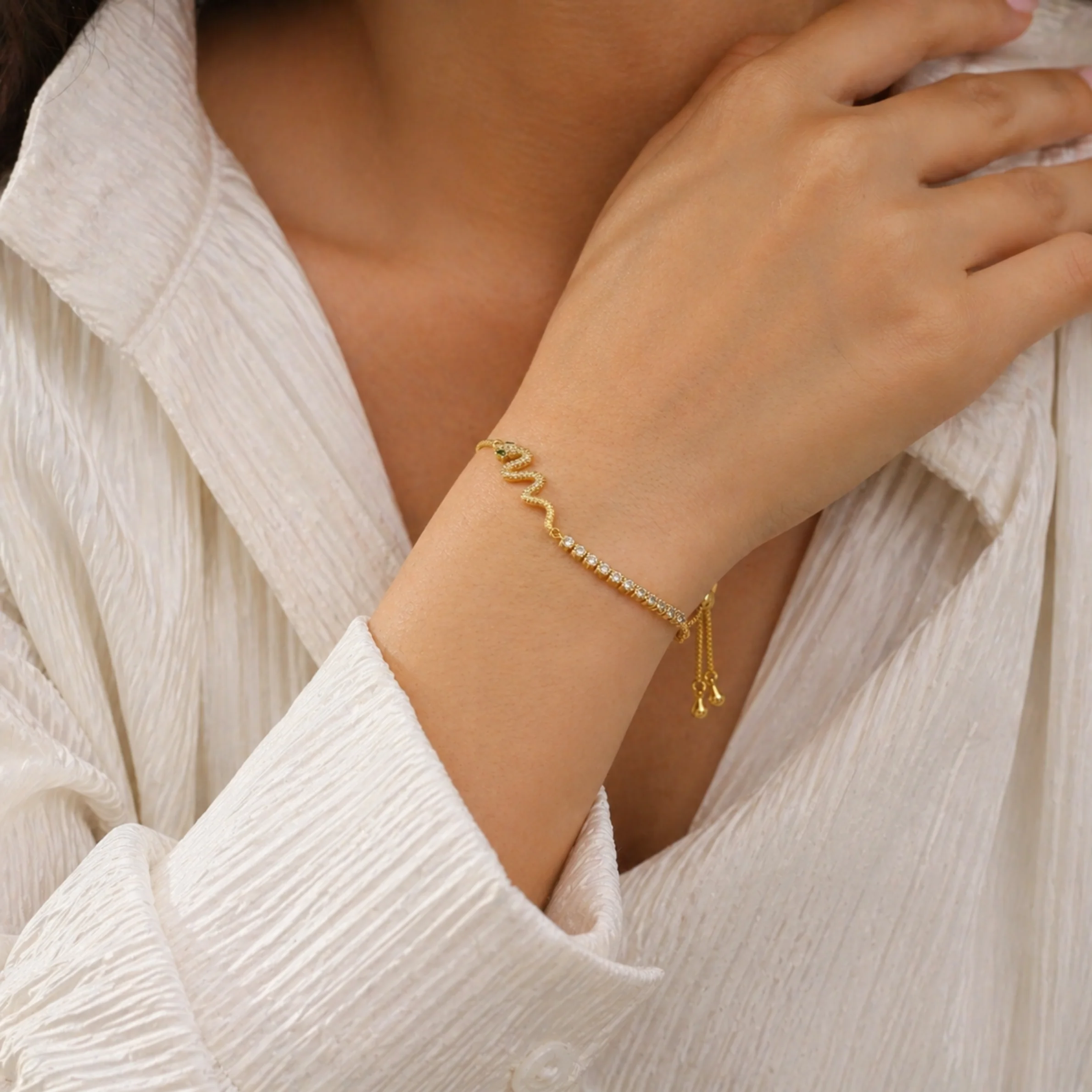 18K Gold Plated  Luxe Snake Crystal Gold Bracelet - Image 3