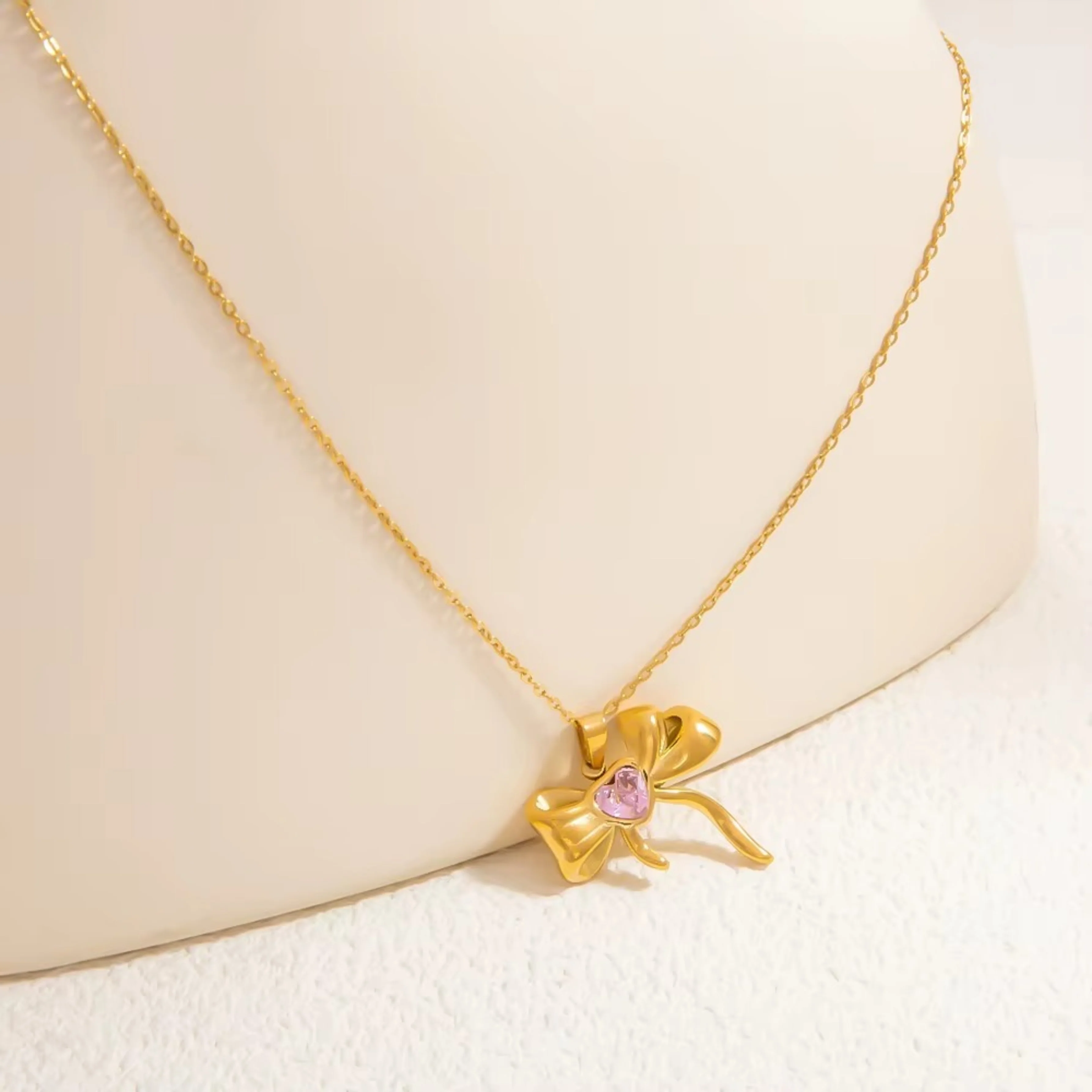 18K Gold Plated Gold Bow Pendant with White Gemstone Necklace