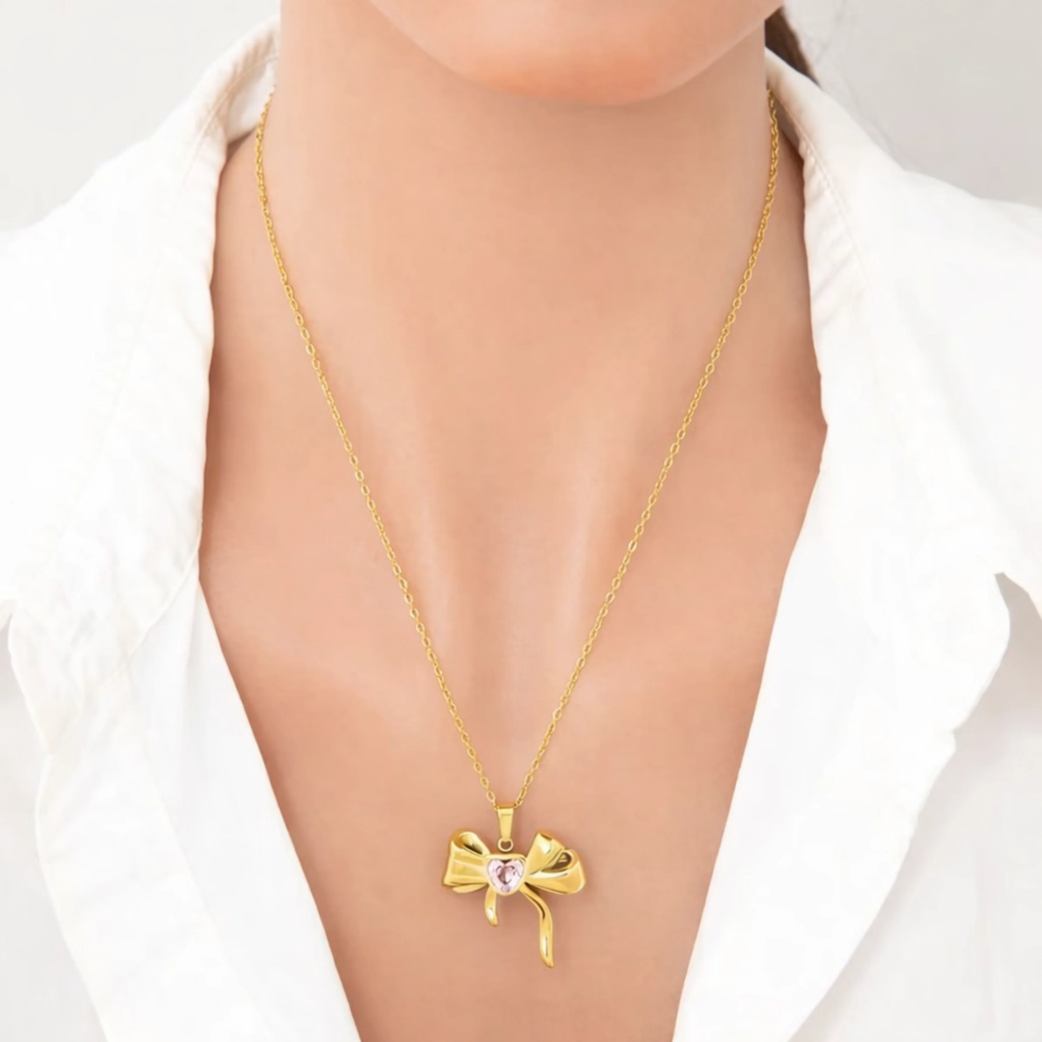 18K Gold Plated Gold Bow Pendant with White Gemstone Necklace - Image 2