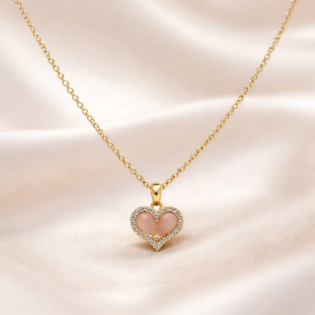 18K Gold Plated Crystal Pink Heart Charm Necklace - Image 2