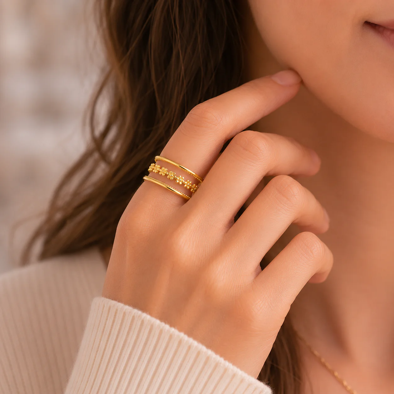18K Gold Plated Cute Floral Stack Ring - Image 2