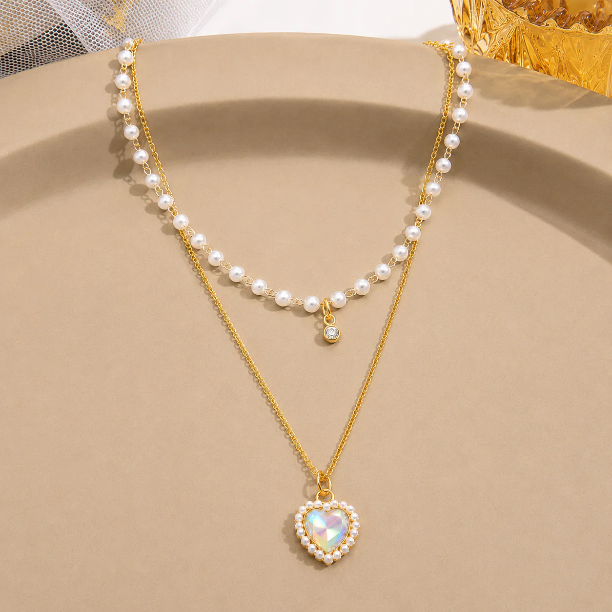 18K Gold Plated Double Layer Pearl Heart Necklace - Image 2