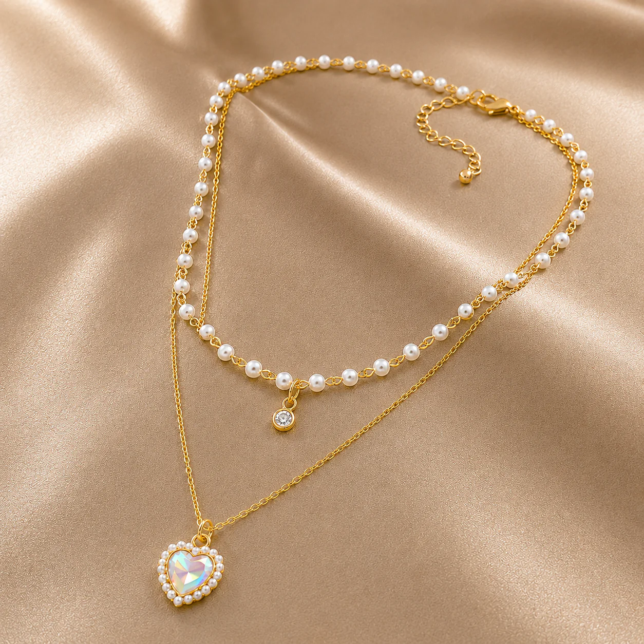 18K Gold Plated Double Layer Pearl Heart Necklace - Image 3