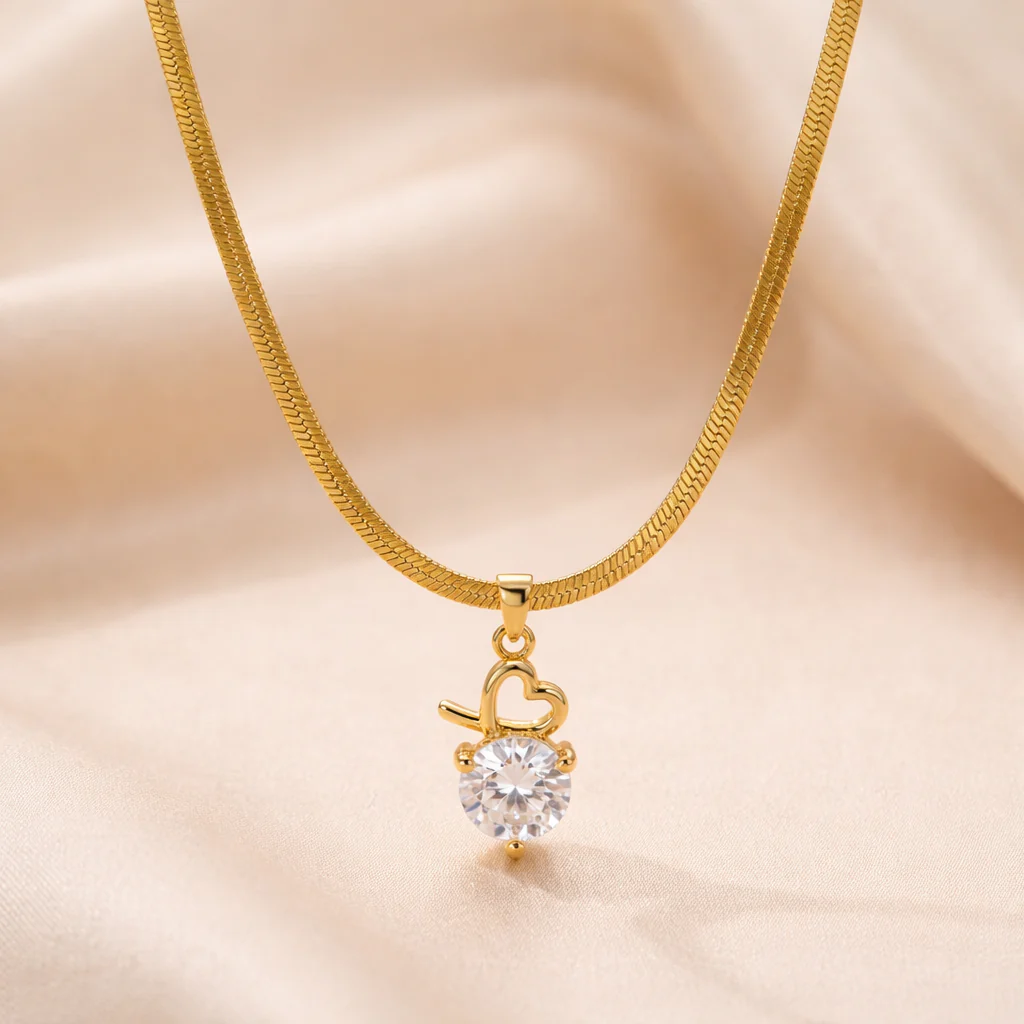 18k Gold Plated Elegant Crystal Drop Herringbone Necklace