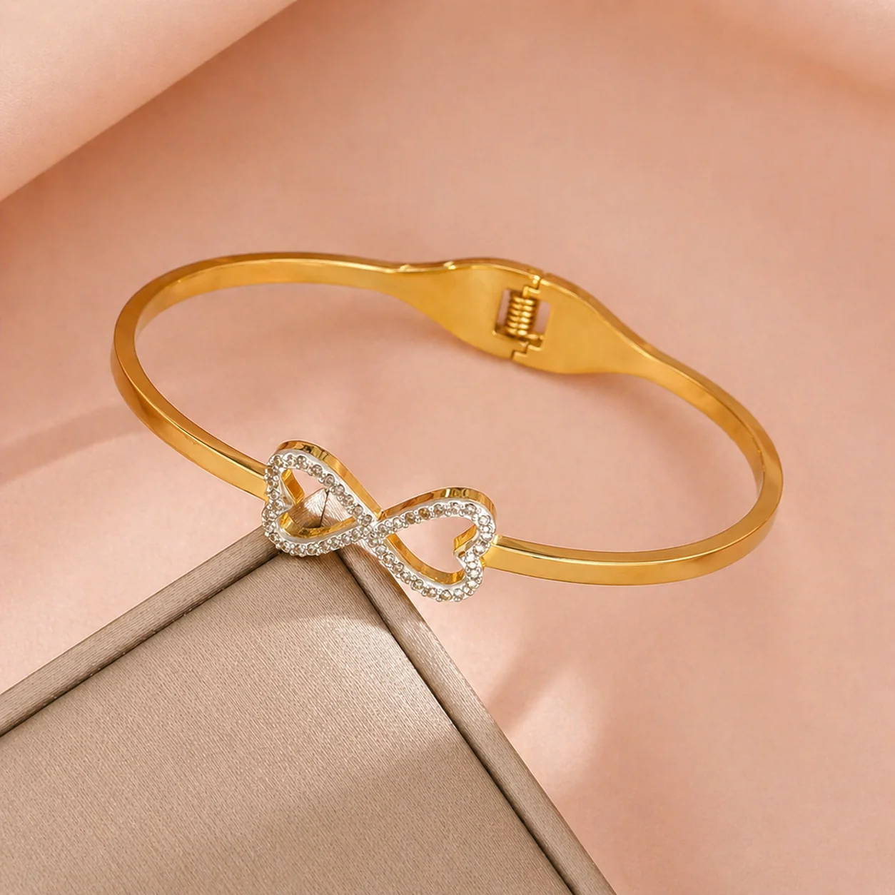 18K Gold Plated Elegant Double Heart Crystal Bracelet - Image 2