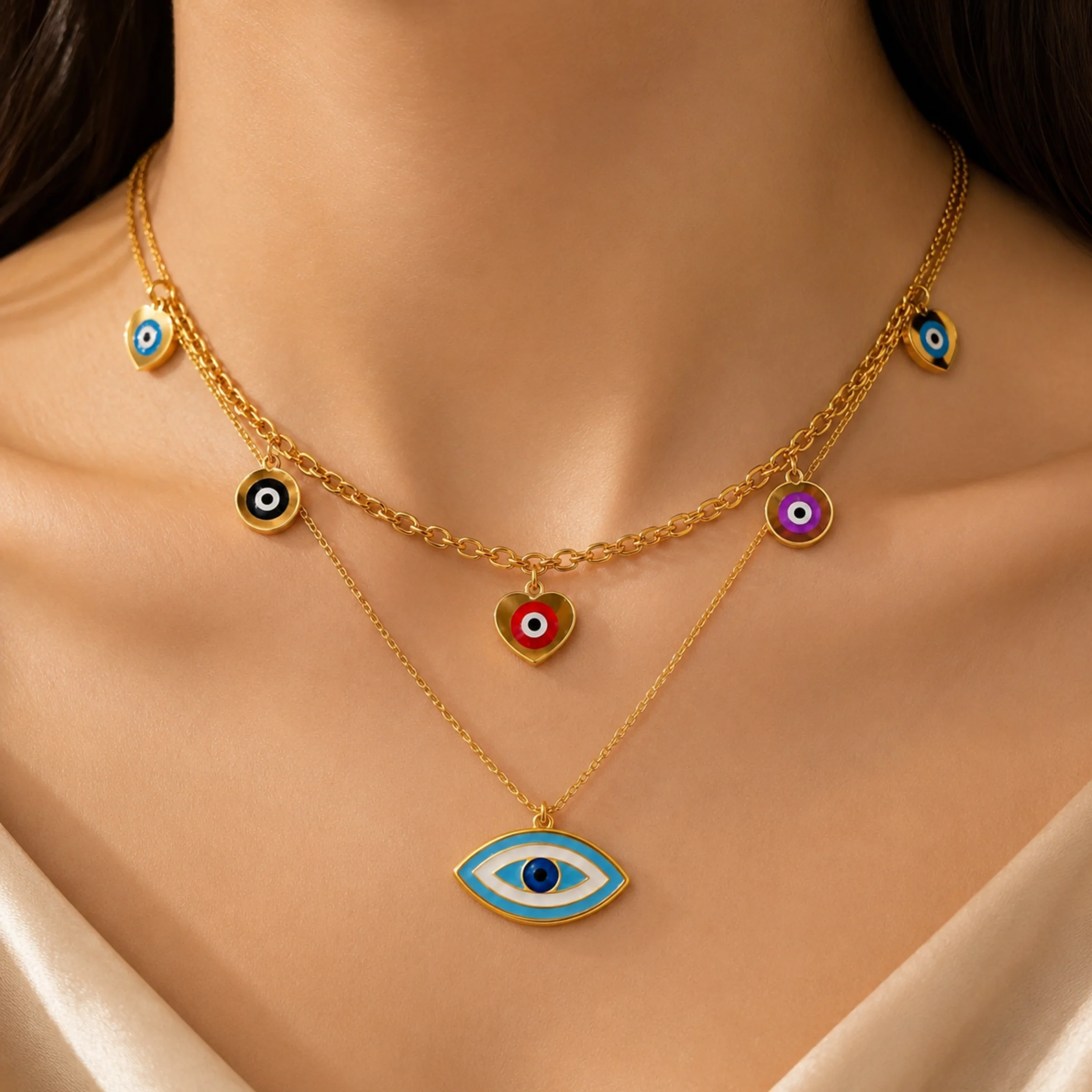 18k Gold Plated Evil Eye Layered Necklace - Image 3