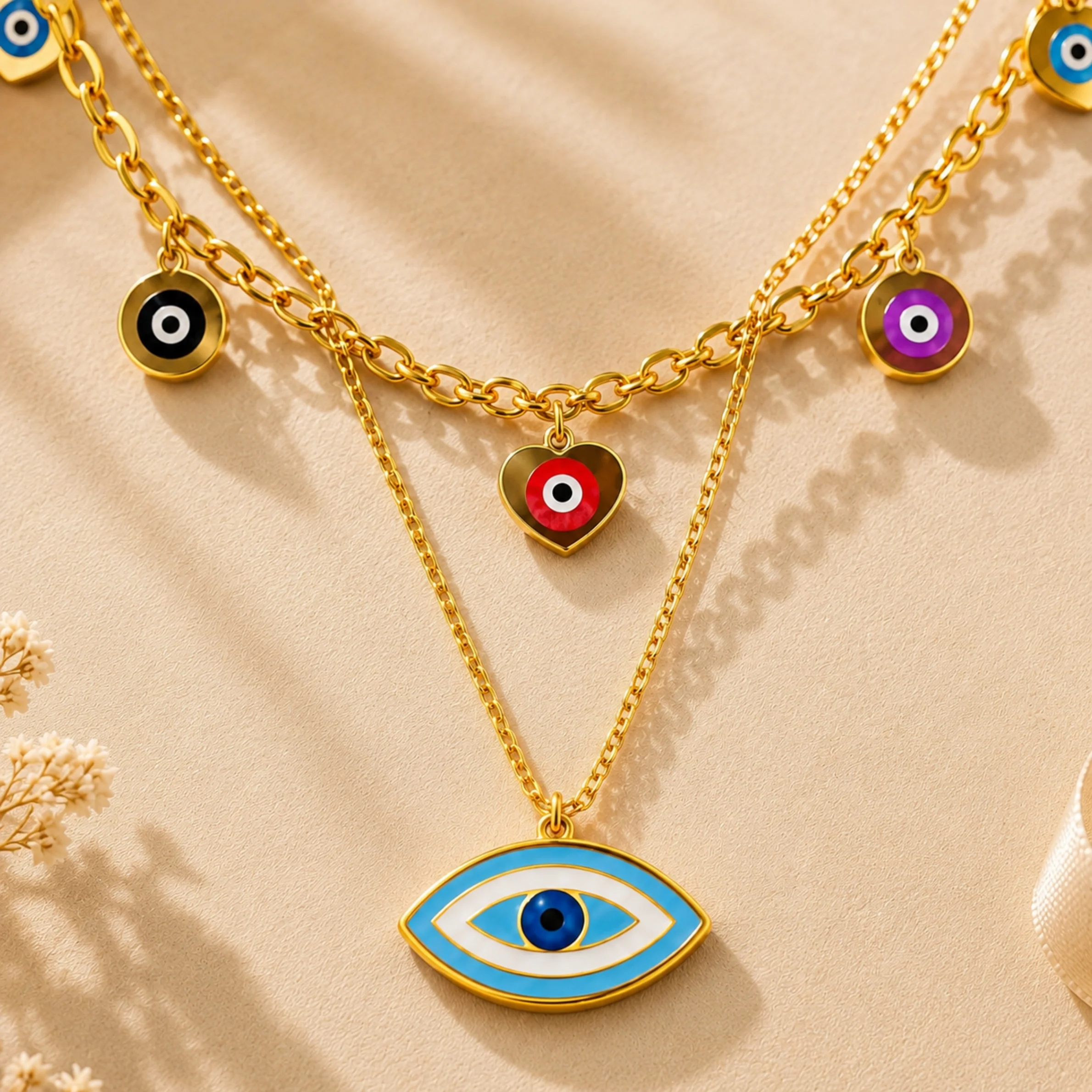 18k Gold Plated Evil Eye Layered Necklace - Image 4