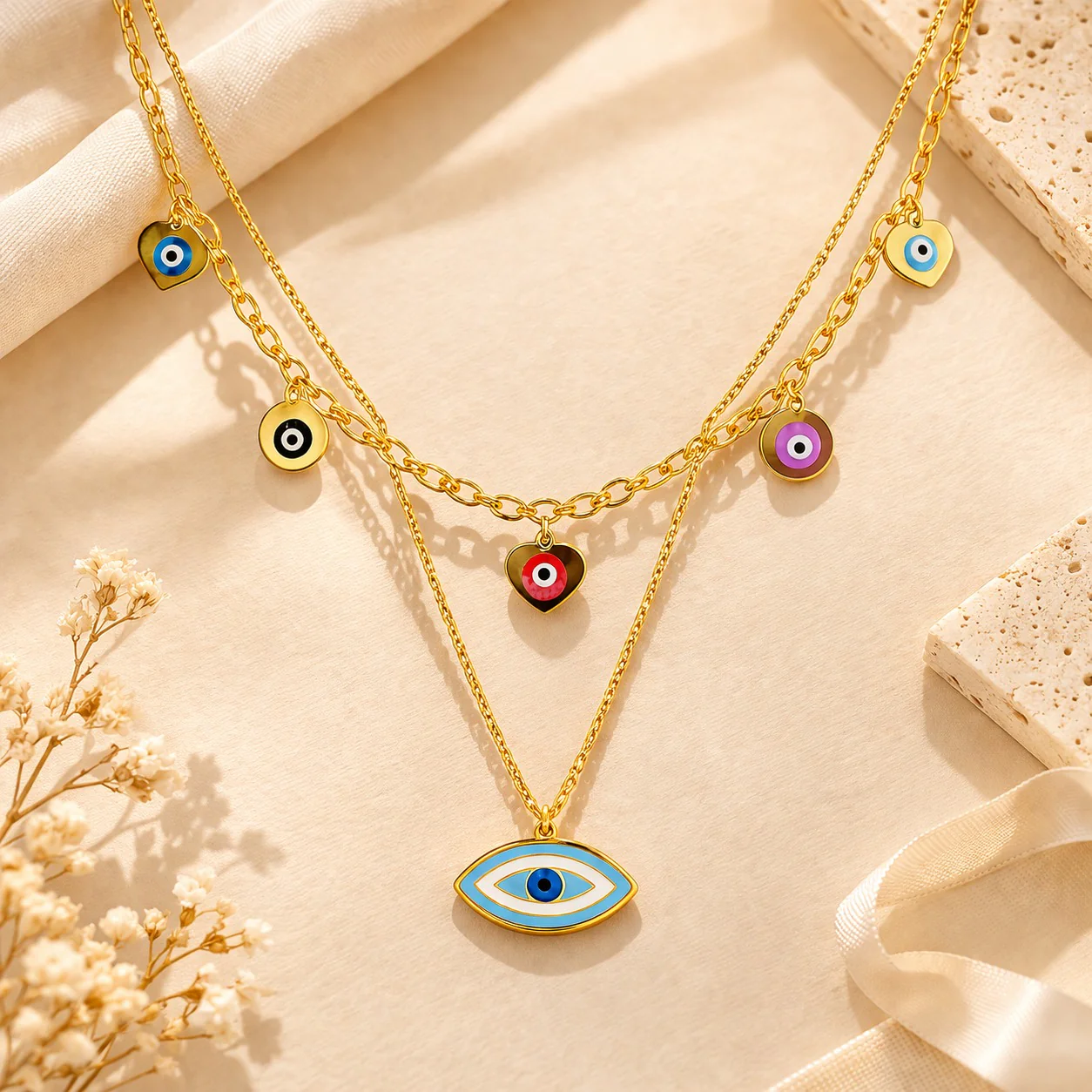 18k Gold Plated Evil Eye Layered Necklace - Image 5