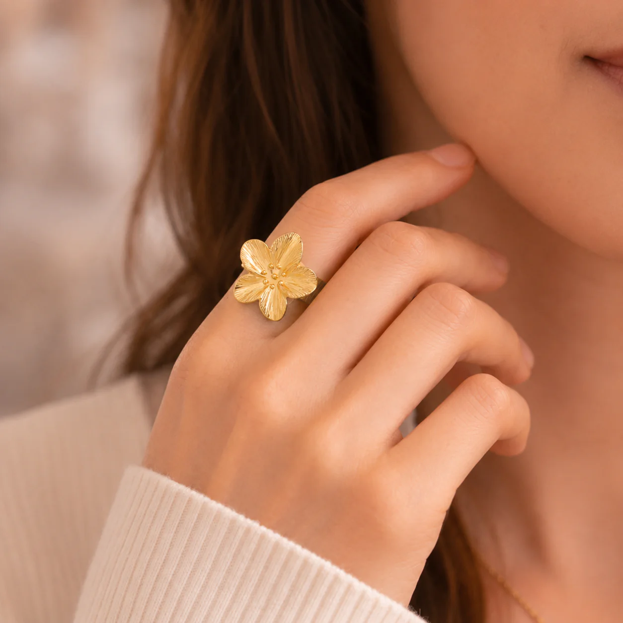 18k Gold Plated Exaggerated Heavy Flower Ring - Image 2