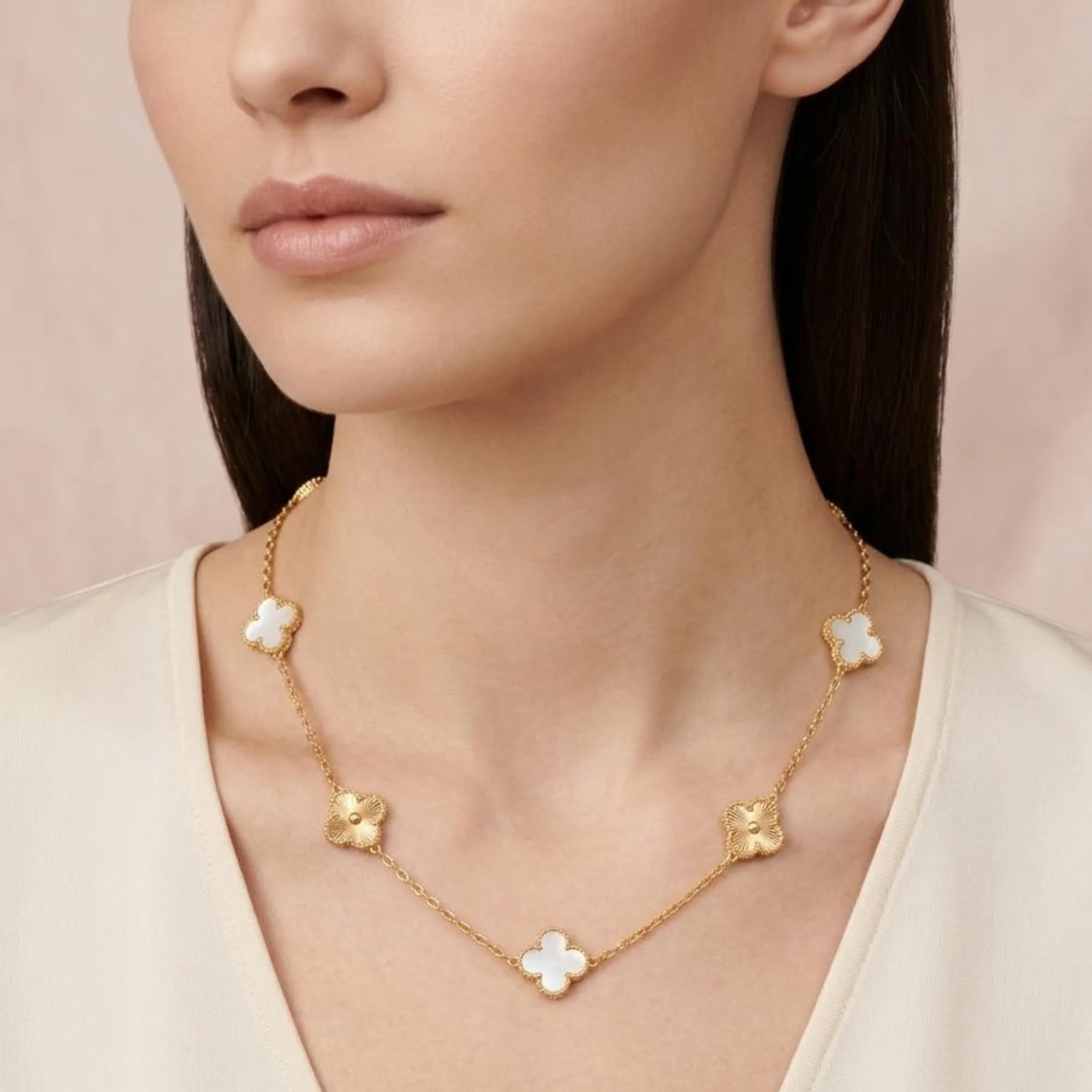 18K Gold Plated White Gold Clover Charm Necklace - Image 2