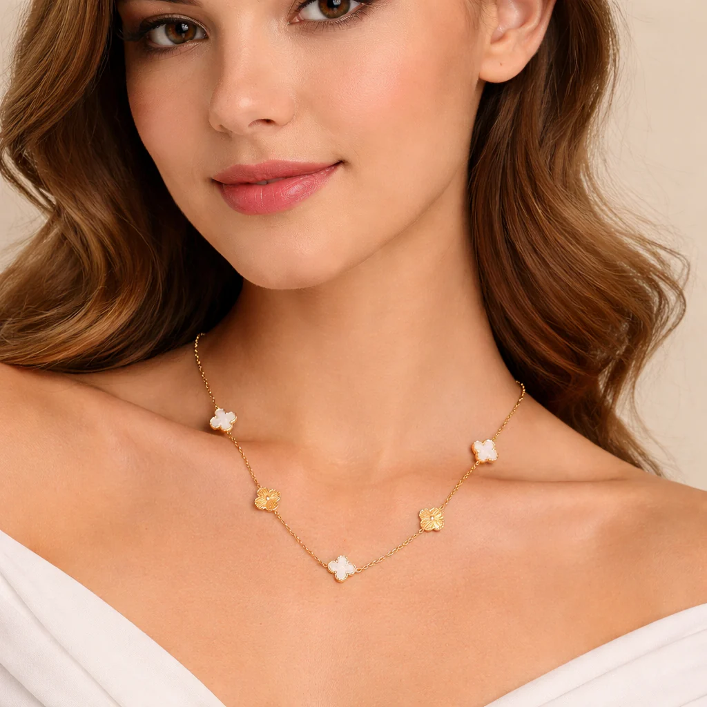 18K Gold Plated White Gold Clover Charm Necklace - Image 3