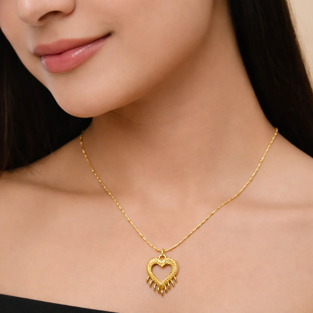 18k Gold Plated Golden Fringe Heart Pendant Necklace - Image 2