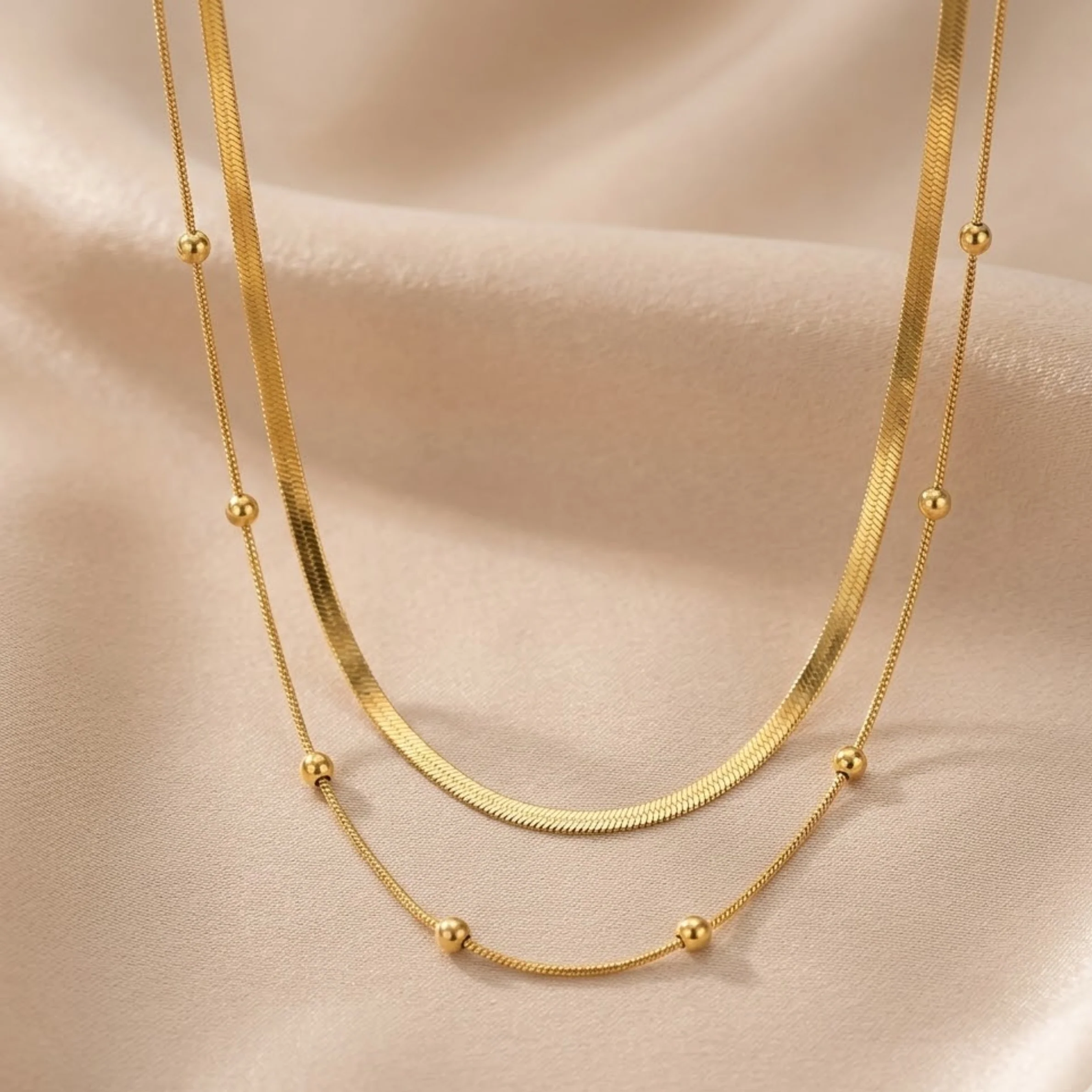 18k Gold Plated Golden Multi-Layer Bead Necklace