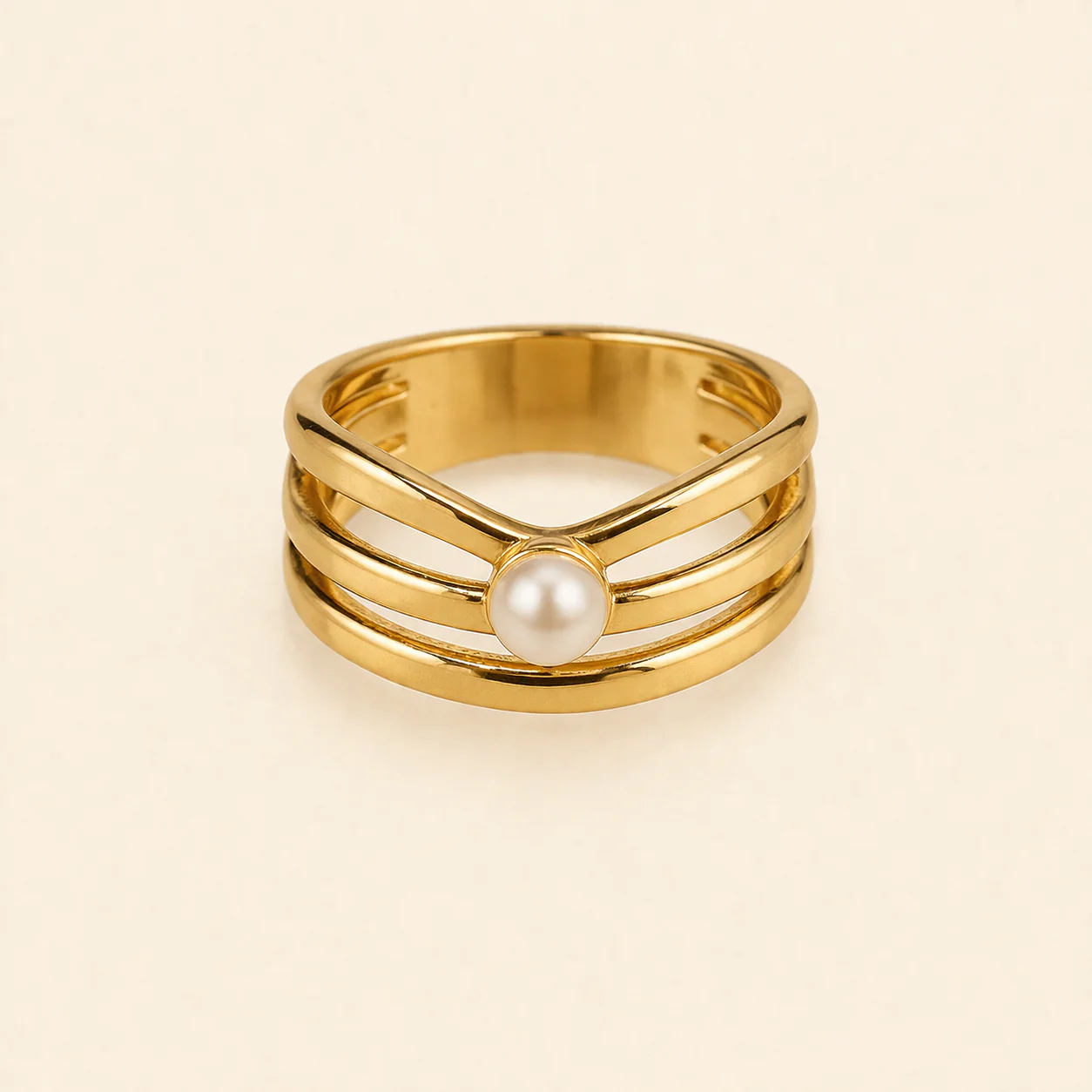 18K Gold Plated Golden Pearl Trinity Ring