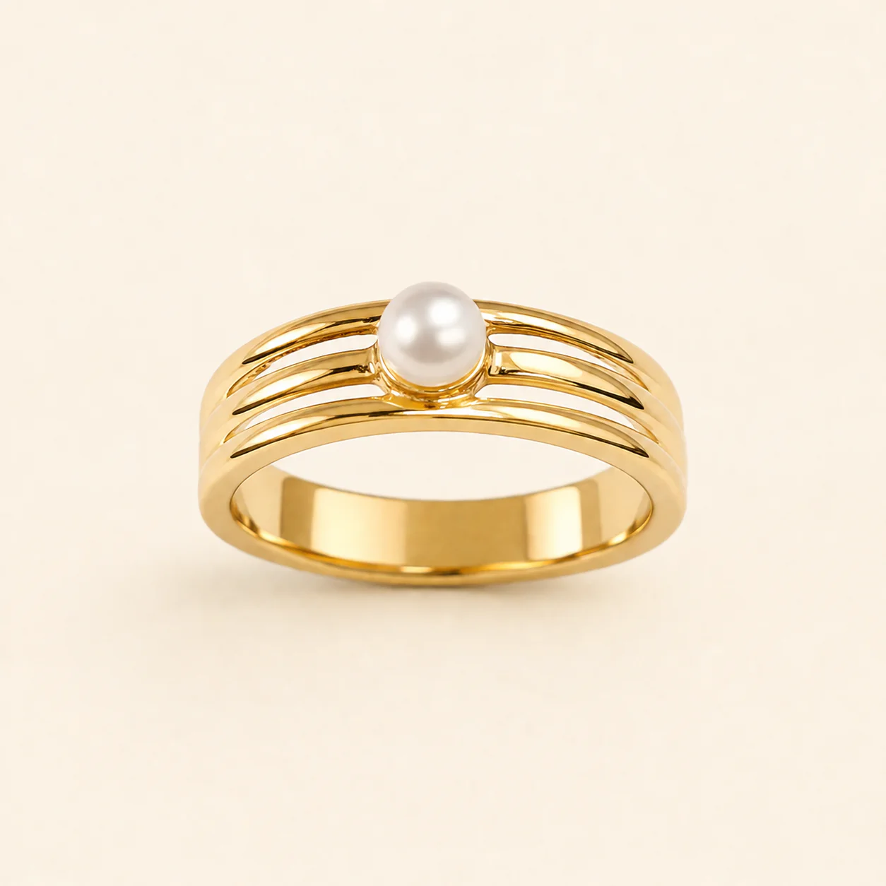 18K Gold Plated Golden Pearl Trinity Ring - Image 2