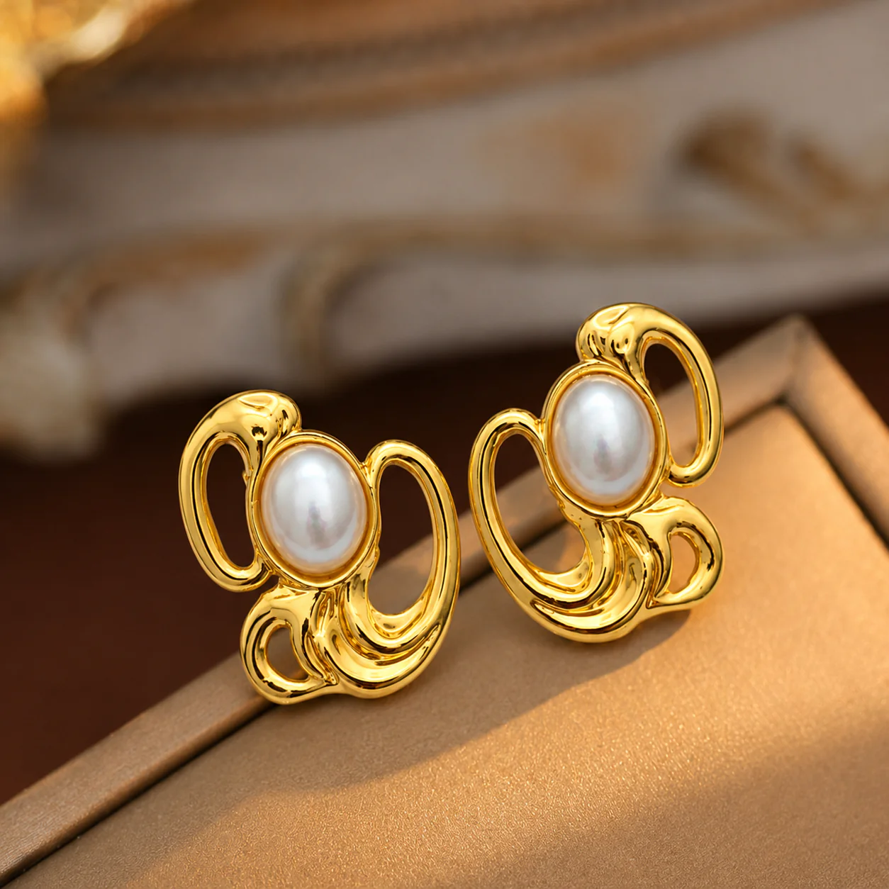 18K Gold Plated Golden Swirl Pearl Studs Earrings