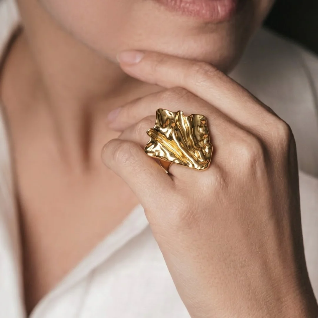 18K Gold Plated Golden Wave Statement Ring - Image 2