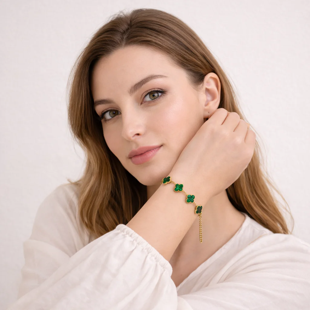 18k Gold Plated Green Clover Wraparound Bracelet - Image 2
