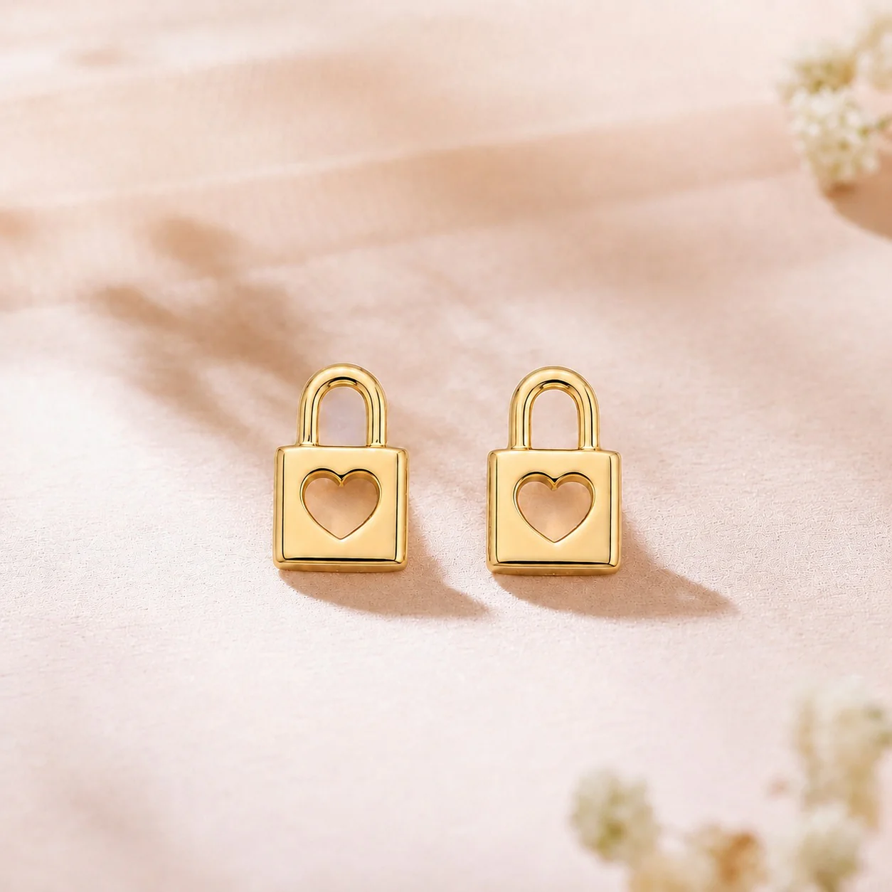 18K Gold Plated Heart Lock Charm Earrings