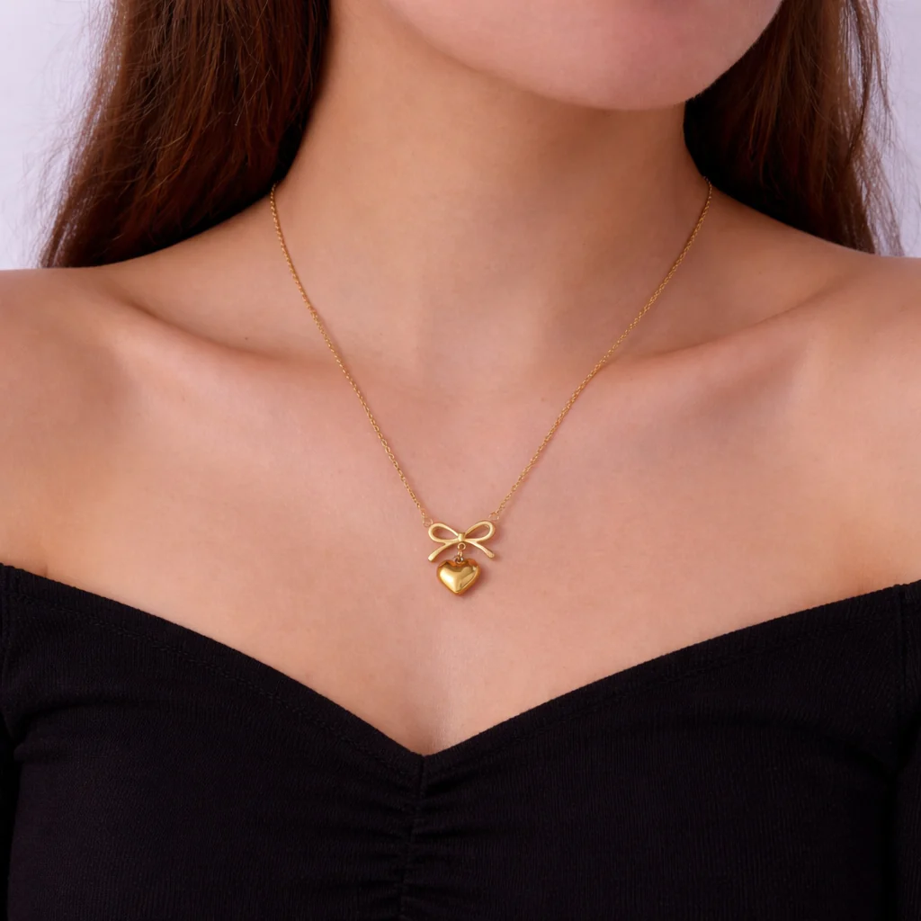 18k Gold Plated Heart Ribbon Anti Tarnish Necklace - Image 2
