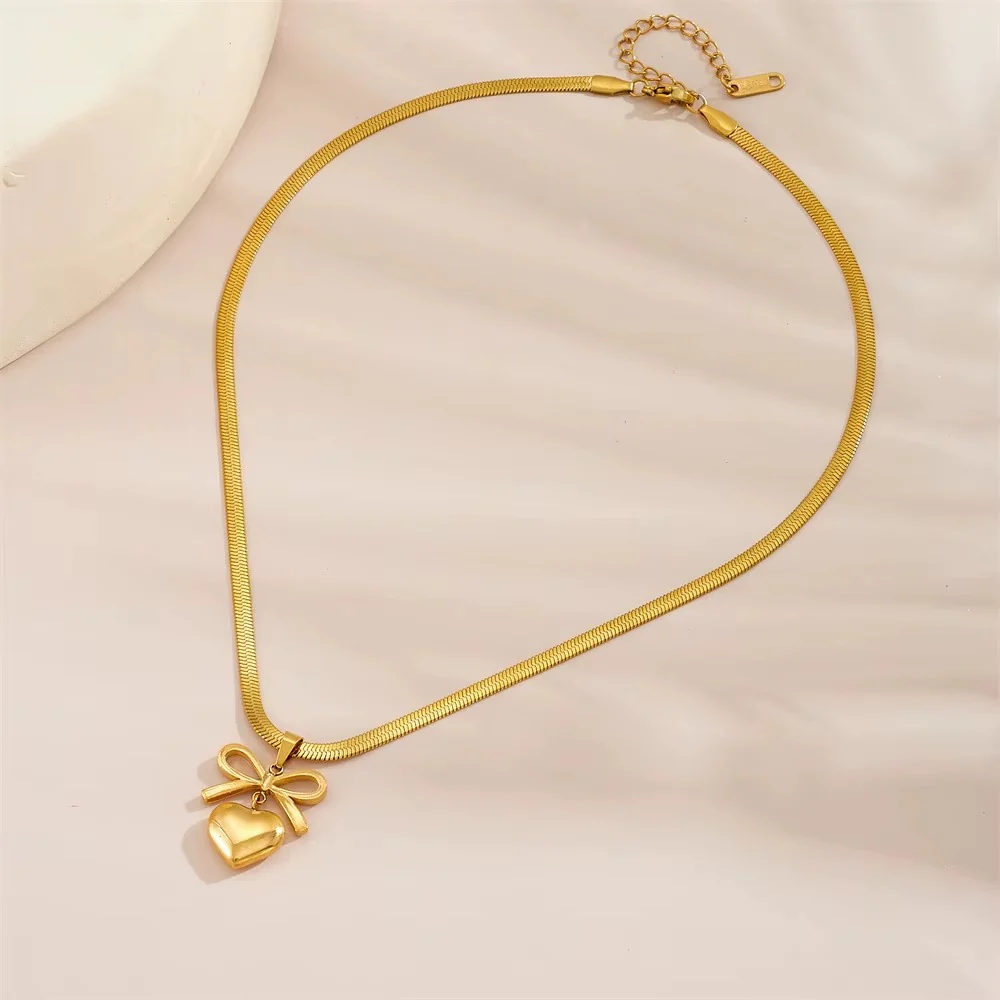 18k Gold Plated Heart Ribbon Anti Tarnish Necklace - Image 3