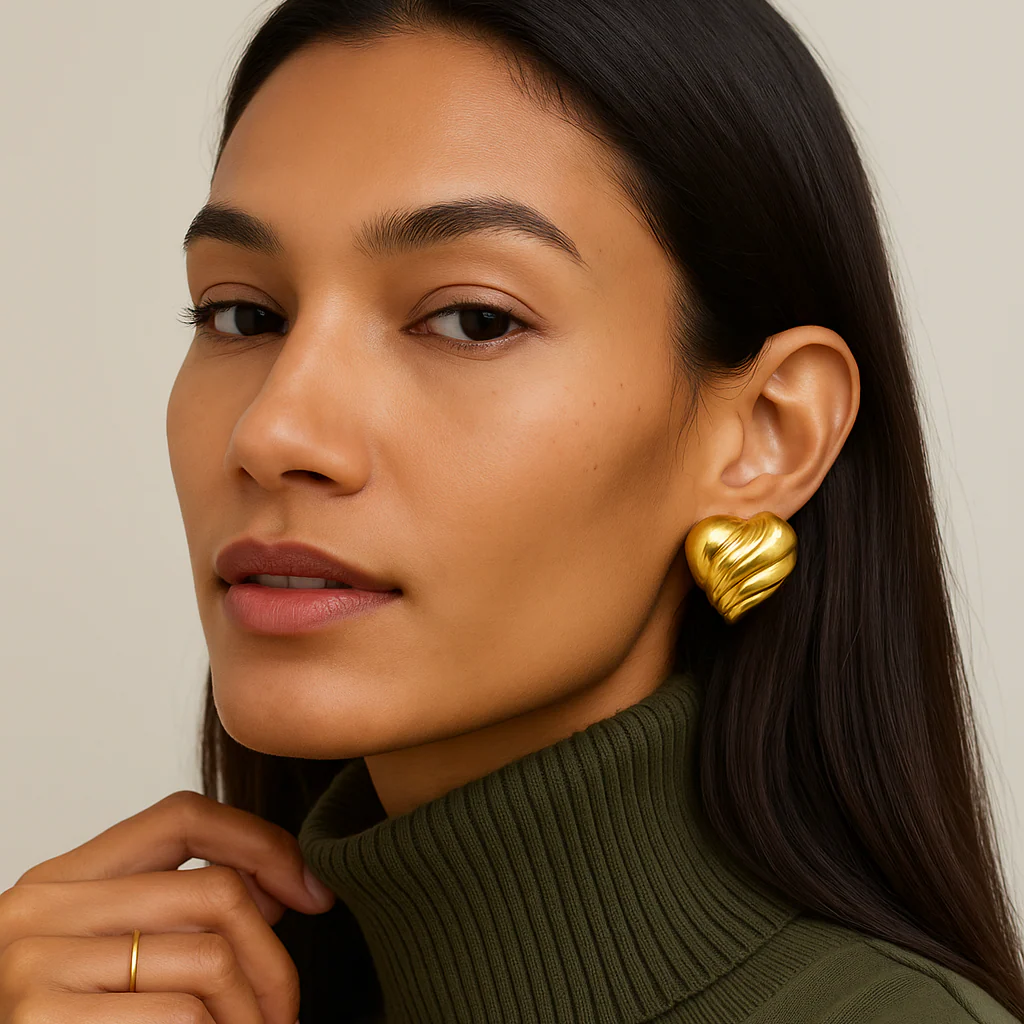 18K Gold Plated Heart Shape Stud Earrings - Image 3