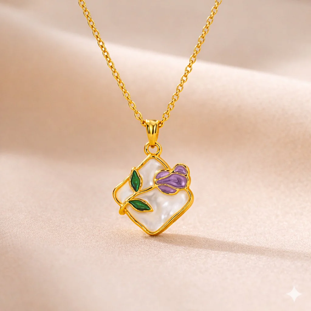 18k Gold Plated Lavender Bloom Enamel Necklace - Image 2