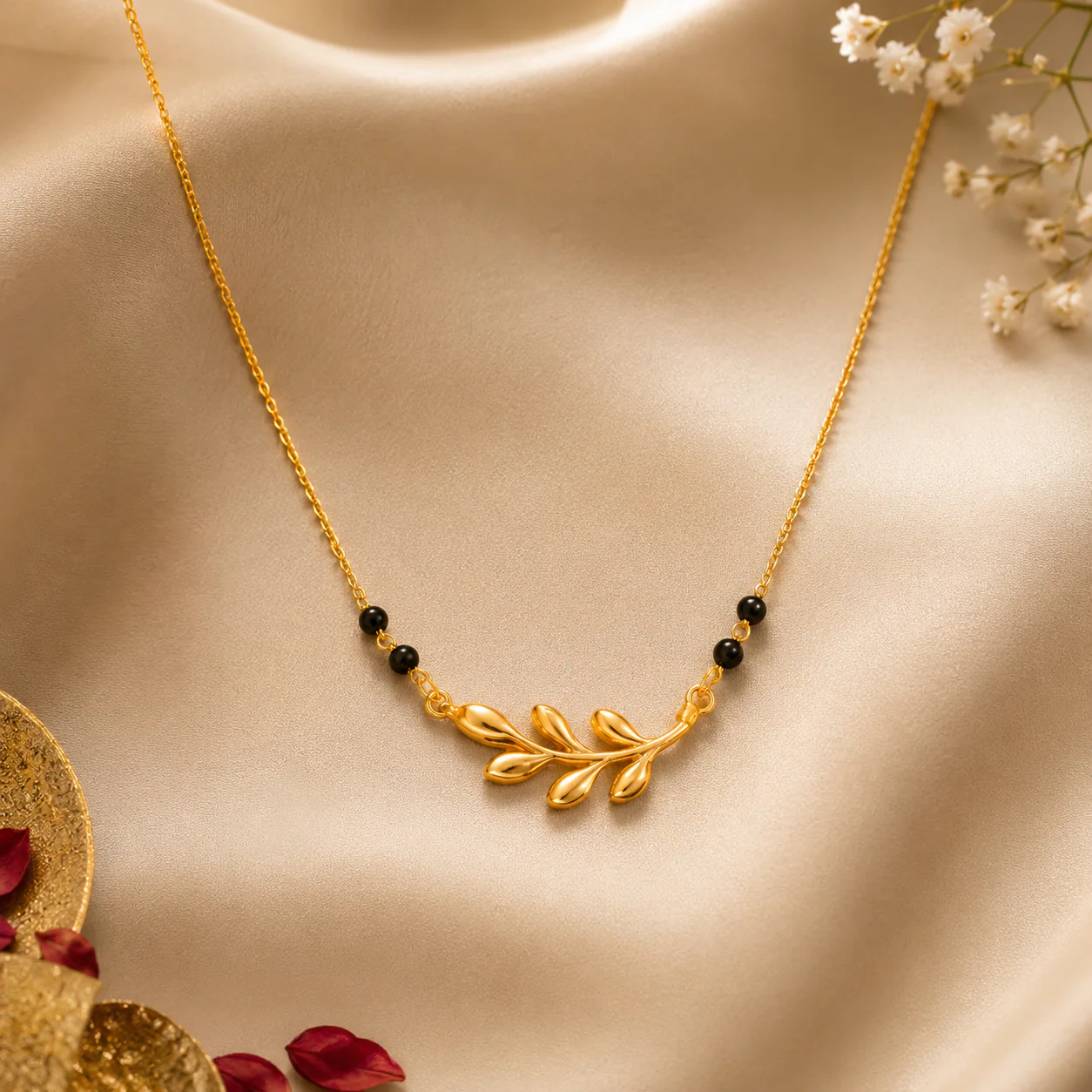 18K Gold Plated Leaf Pendant Short Mangalsutra - Image 2