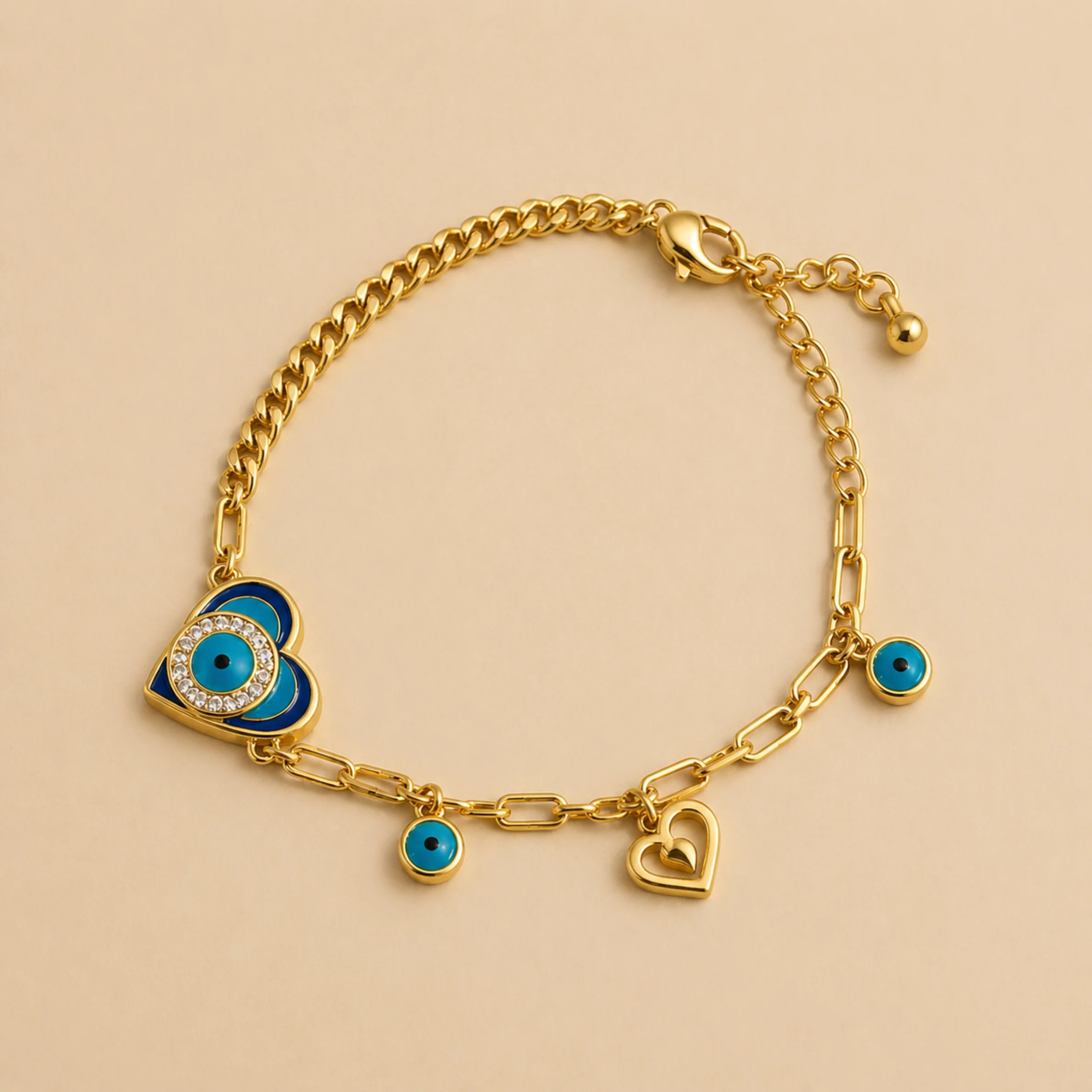 18K Gold Plated Lucky Heart Evil Eye Charm Bracelet - Image 2