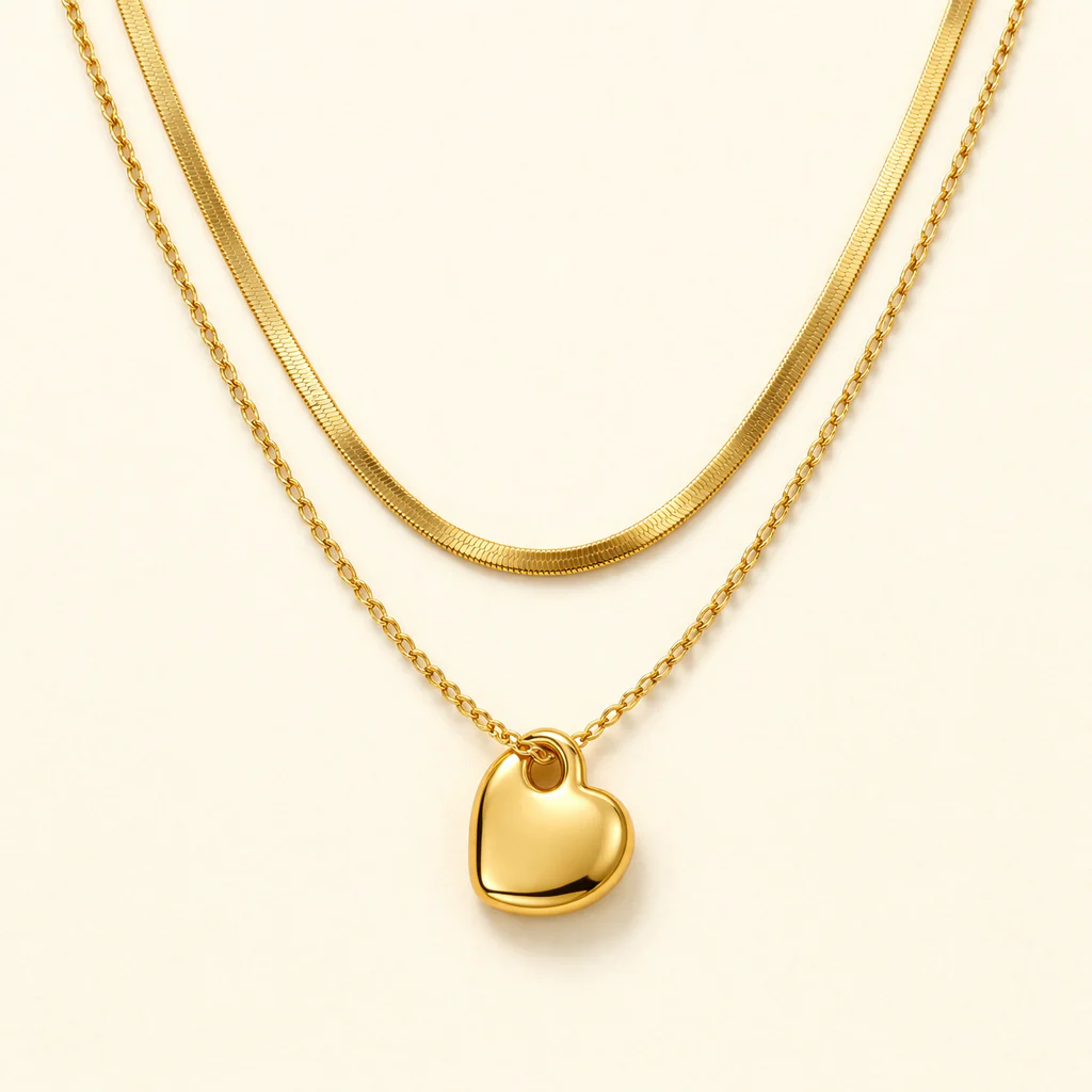 18K Gold Plated Minimal Heart Double Layer Necklace