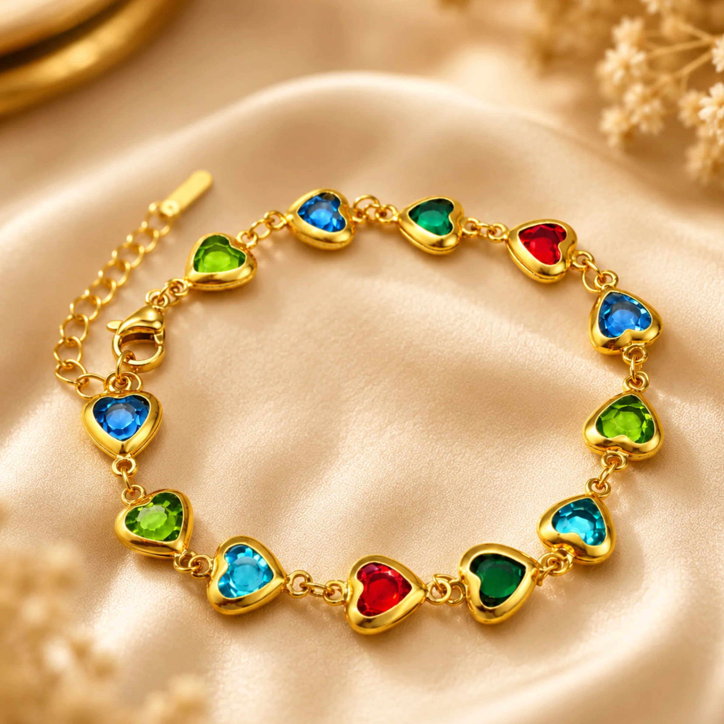 18K Gold Plated Multi-Color Heart Stone Bracelet - Image 3