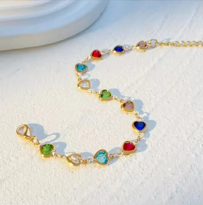 18K Gold Plated Multi-Color Heart Stone Bracelet - Image 4