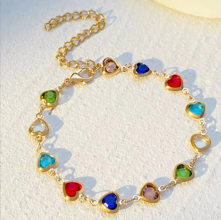 18K Gold Plated Multi-Color Heart Stone Bracelet - Image 5