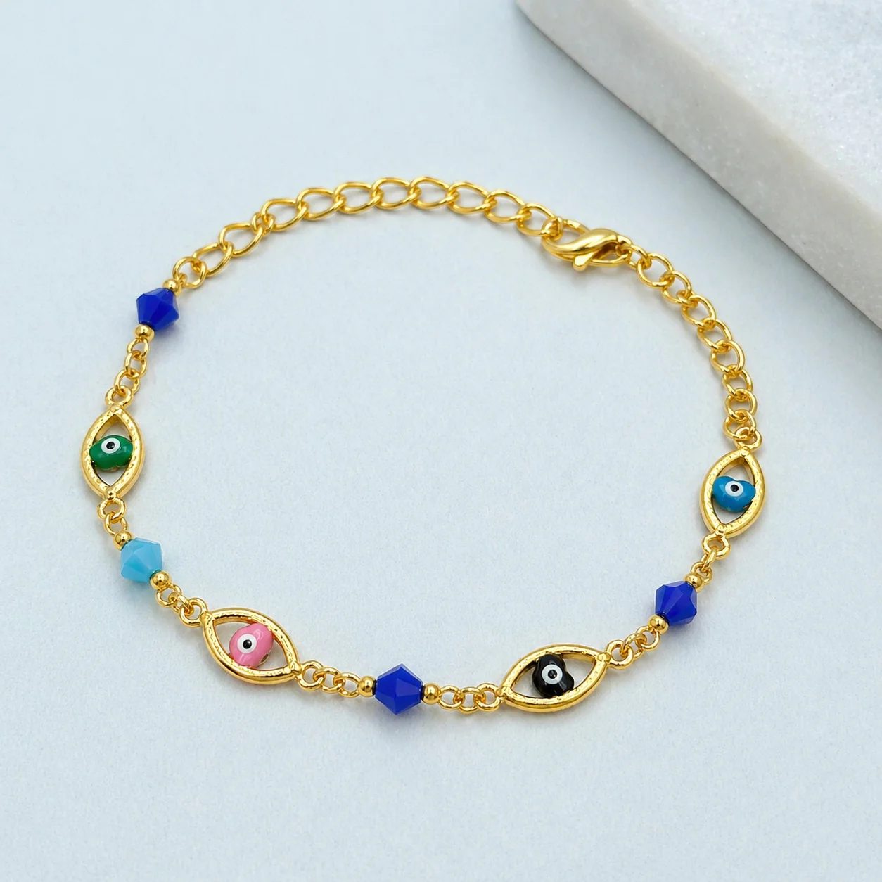 18K Gold Plated Multicolor Evil Eye Charm Bracelet - Image 2