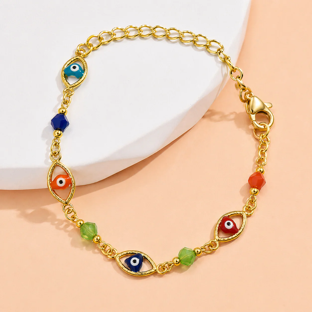 18K Gold Plated Multicolor Evil Eye Charm Bracelet - Image 3