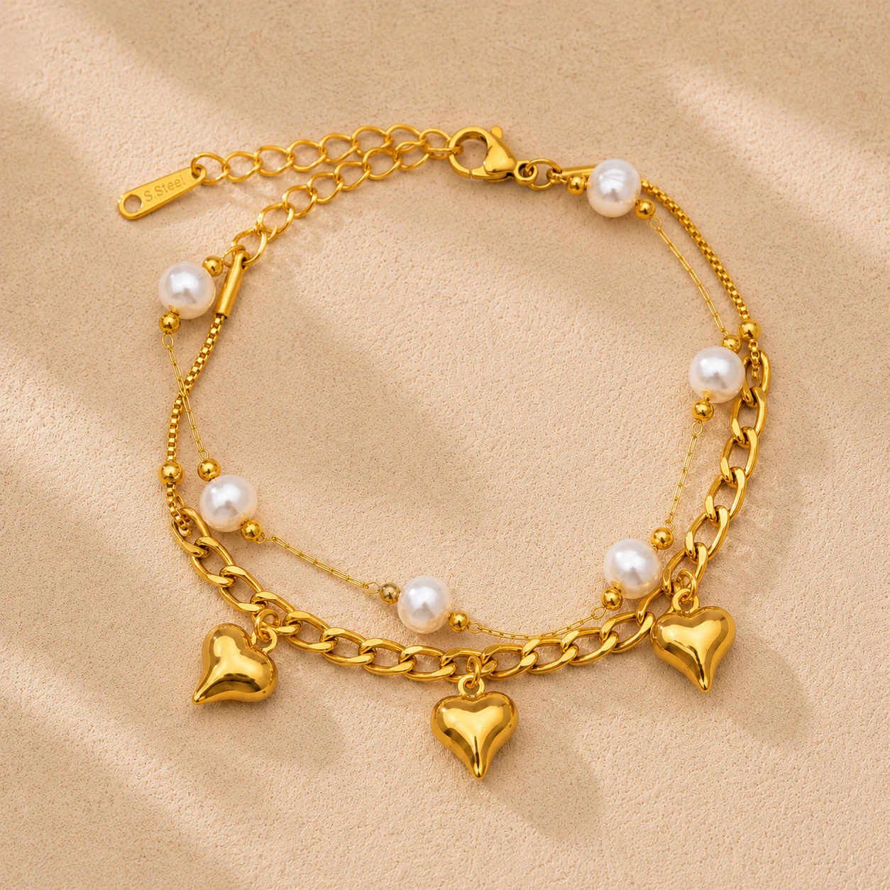 18K Gold Plated Pearl Heart Charm Bracelet