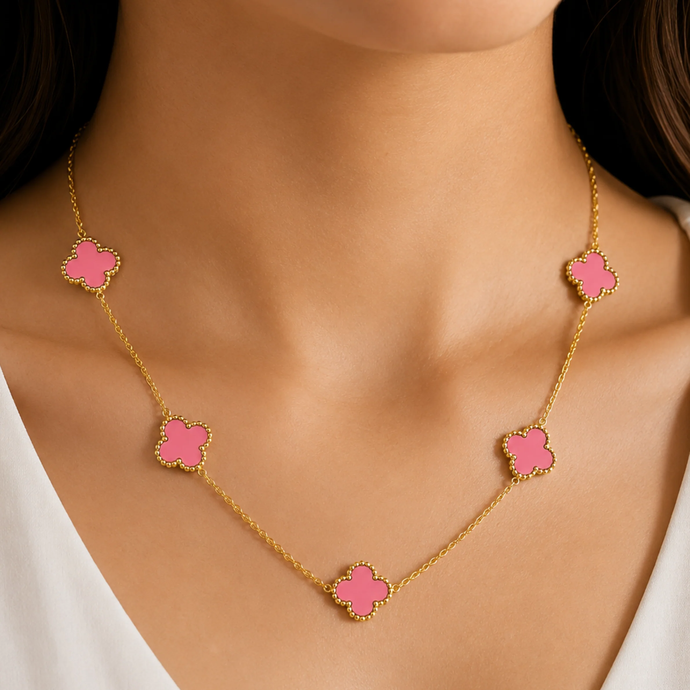 18K Gold Plated Pink Dreamy Clover  Necklace - Image 5