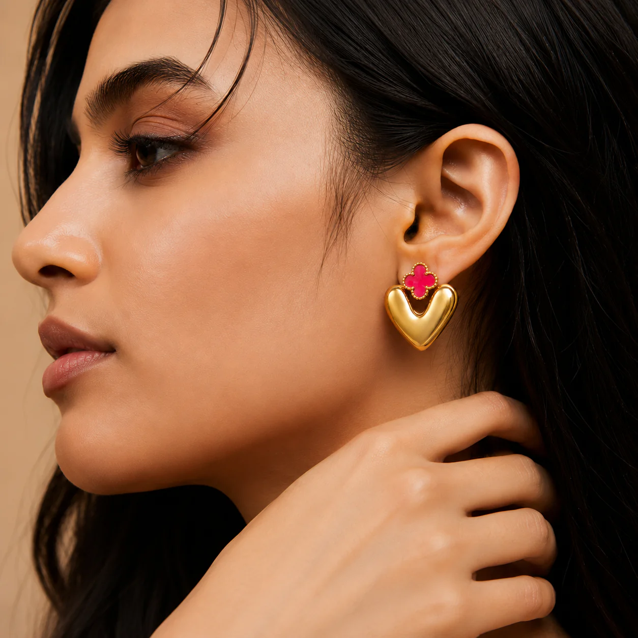 18K Gold Plated Puffy Heart & Pink Clover Earrings - Image 2