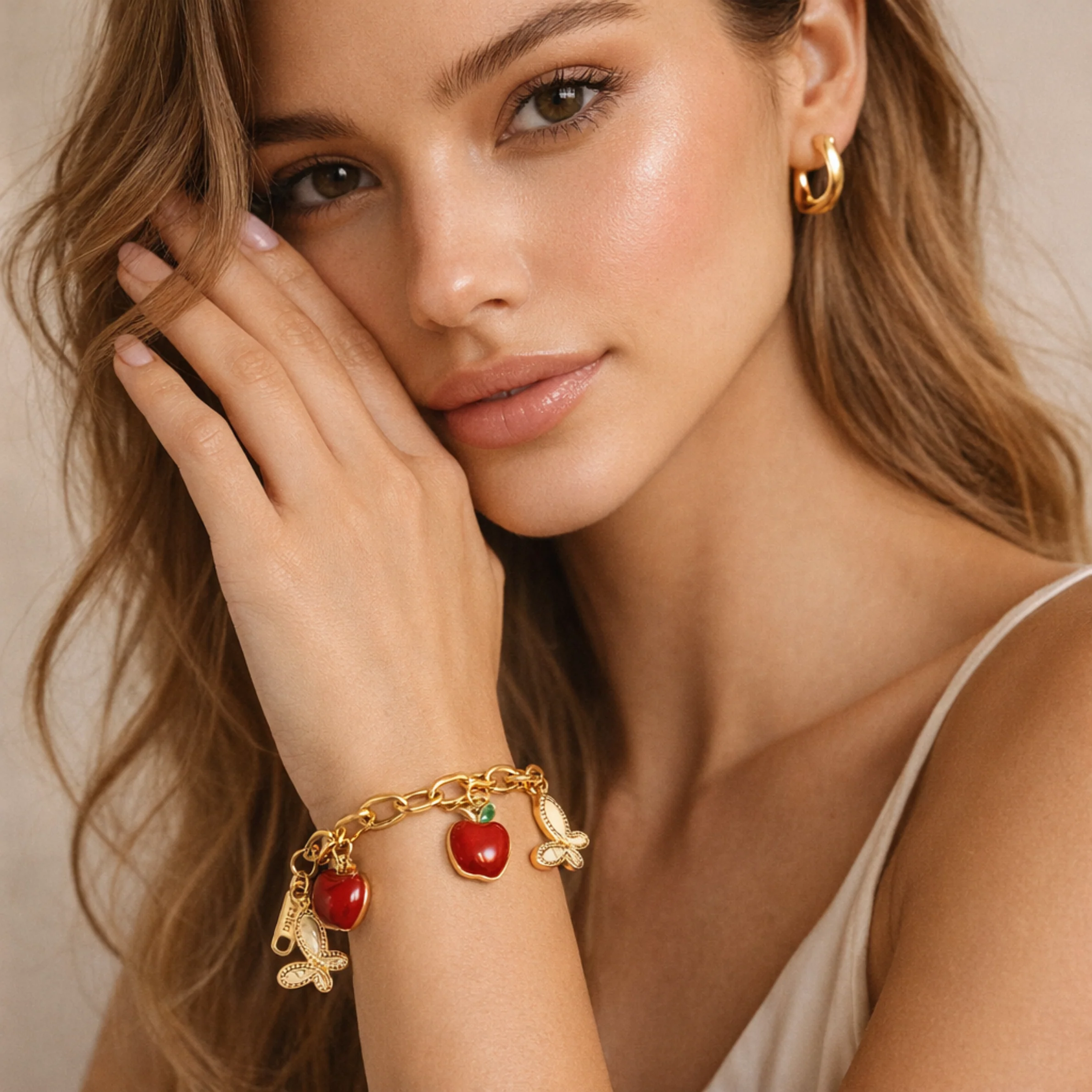 18K Gold Plated Red Apple & Butterfly Charm Bracelet - Image 3