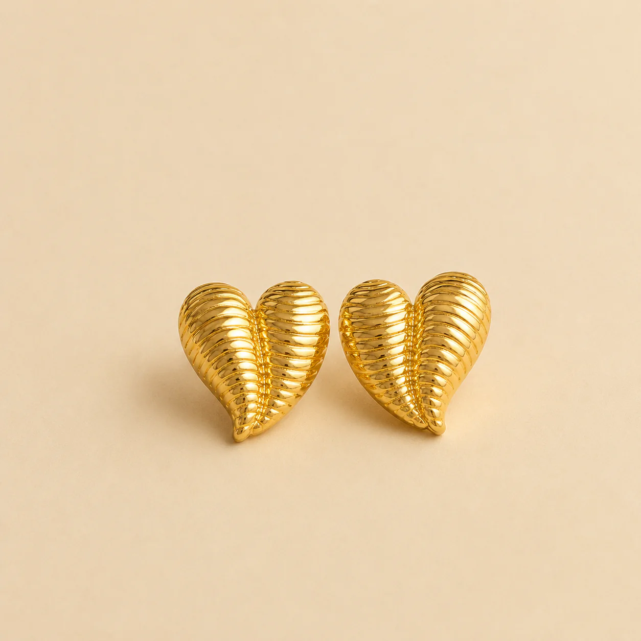 18K Gold Plated Ribbed Heart Stud Earrings