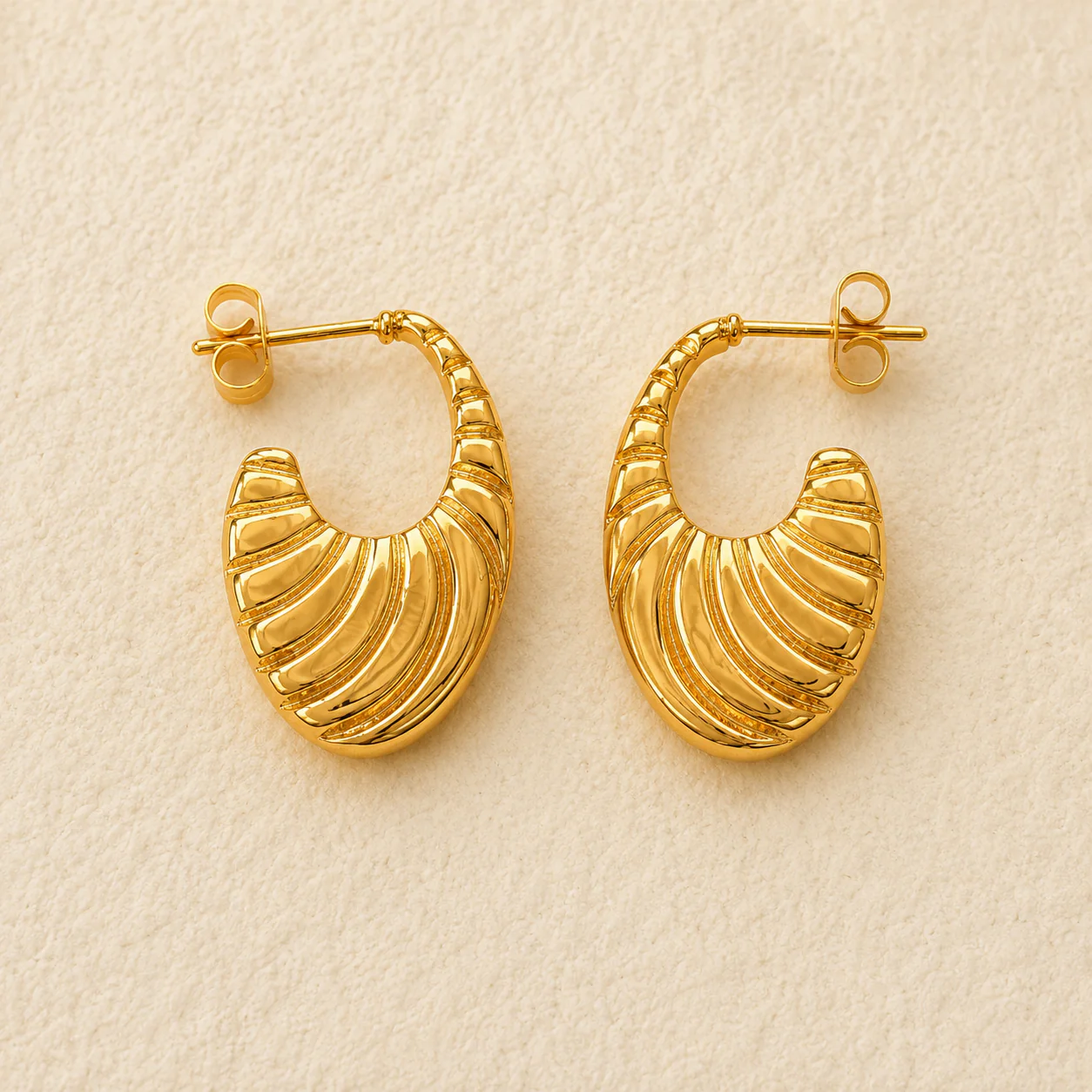 18K Gold Plated Ribbed Hoop Waterproof Earrings - Image 2