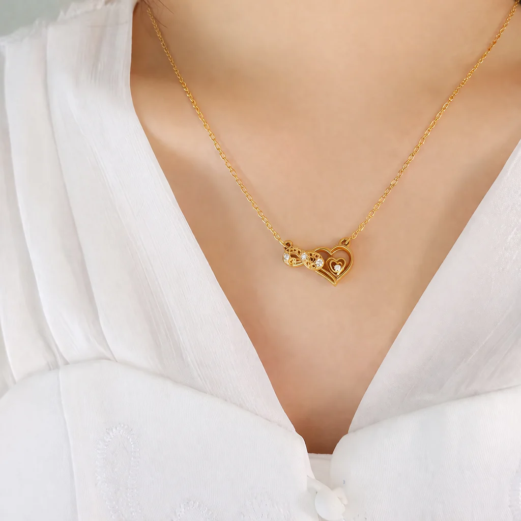 18k Gold Plated Sparkle Twin Heart Gold Necklace - Image 2