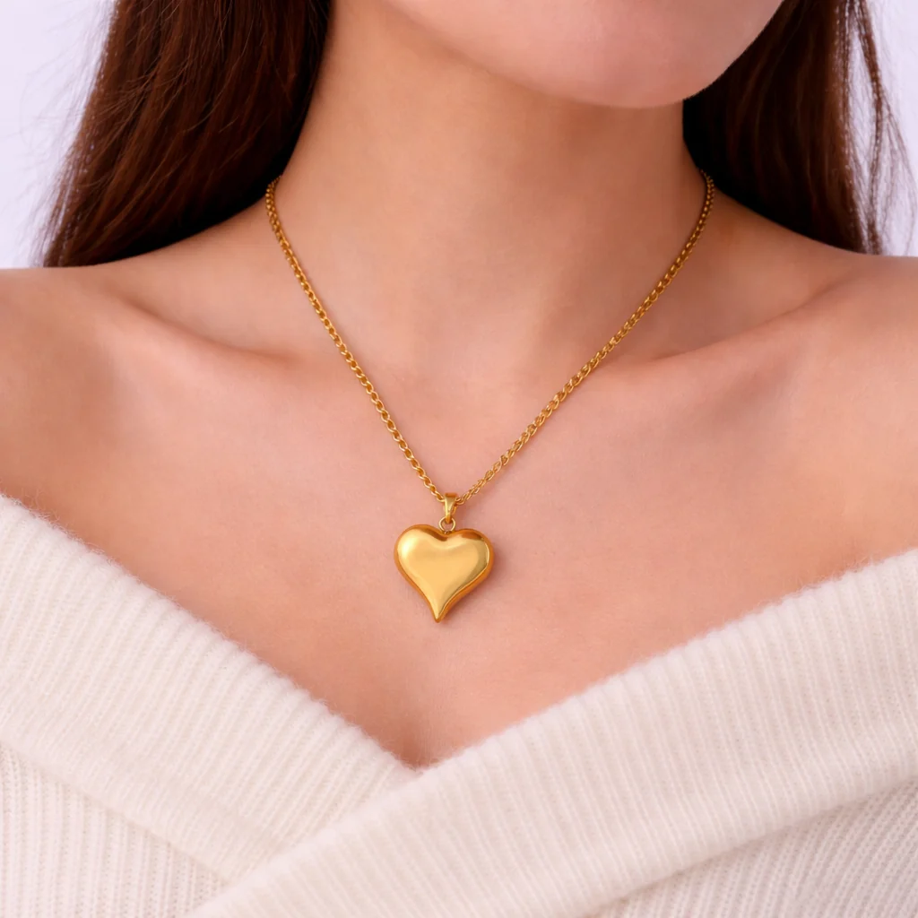 18k Gold Plated Stainless Steel and Heart Charm Necklace