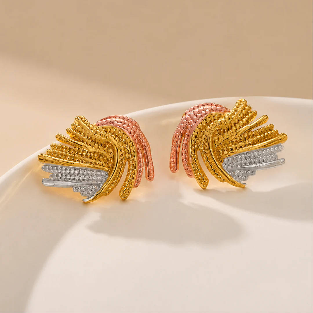 18K Gold Plated Tricolor Wave Stud Earrings