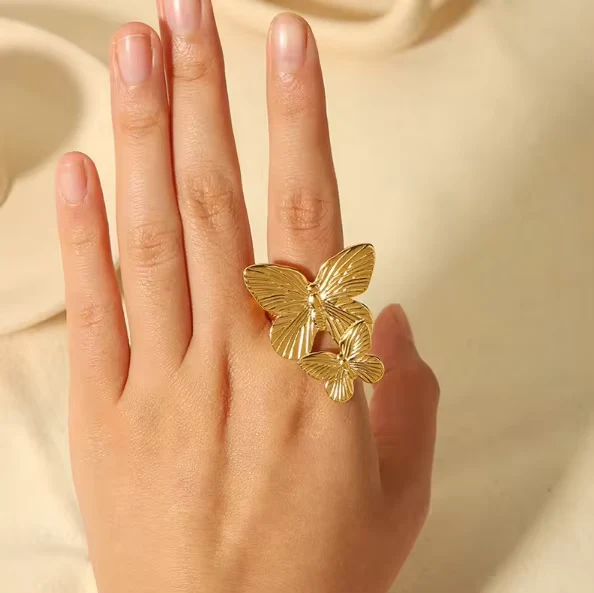 18K Gold Plated Two Butterfly Titanium Steel Rings - Image 2